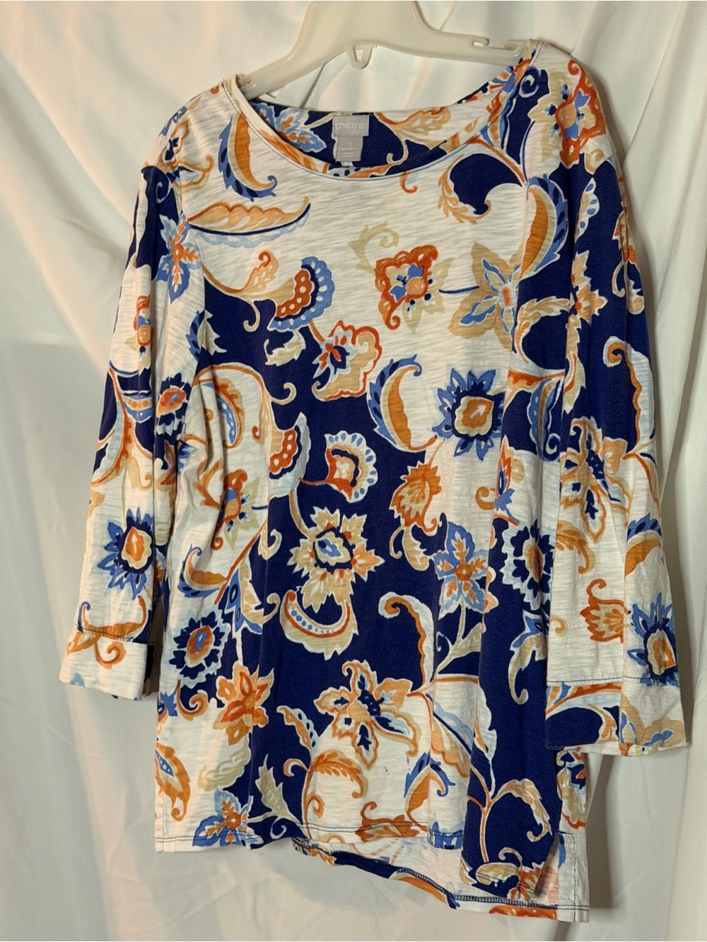 Chico's Navy, Cream & Orange Floral Scoop Neck Top